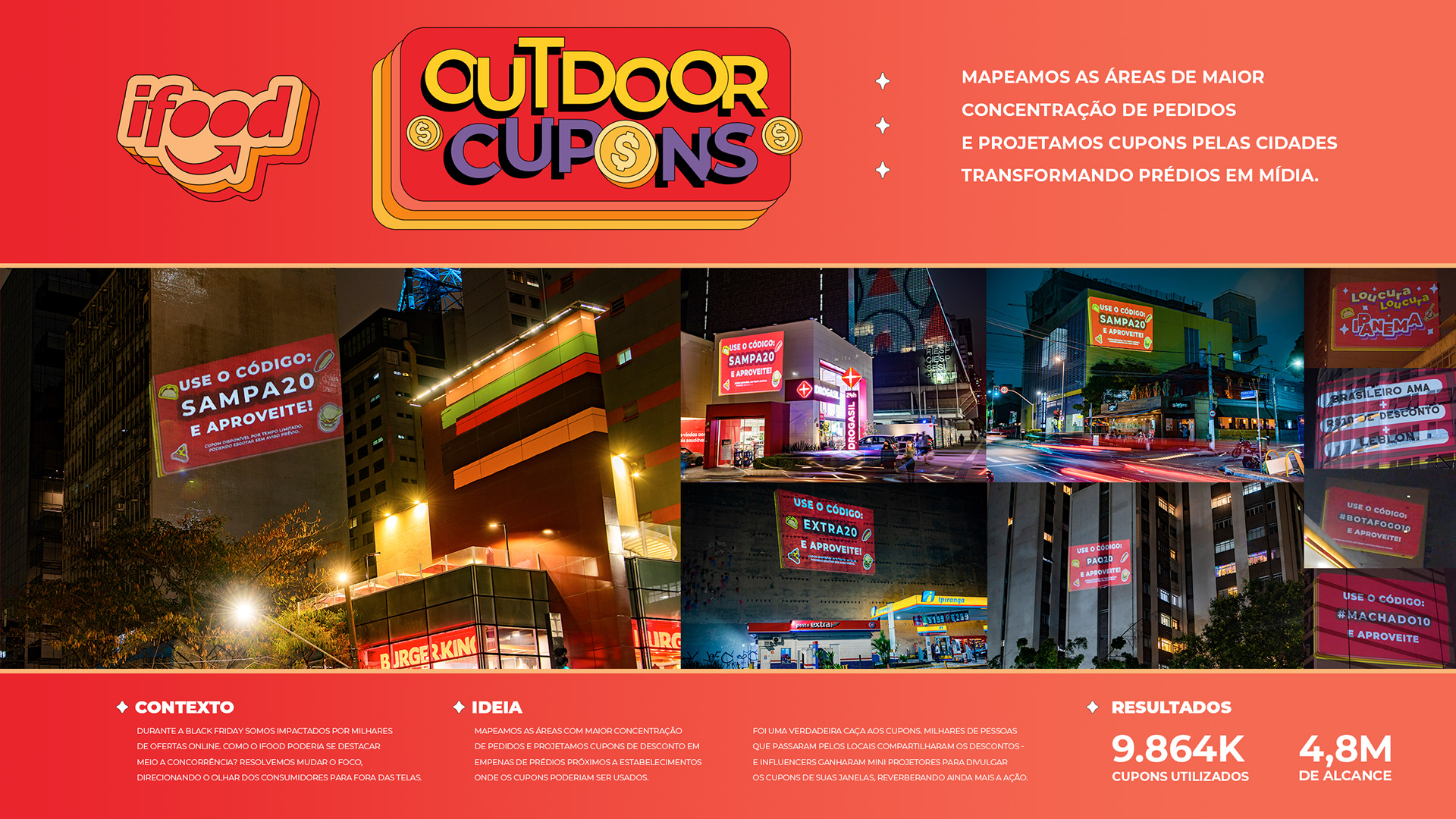 Original iFood Outdoor Coupons case board showing discount codes projected onto buildings