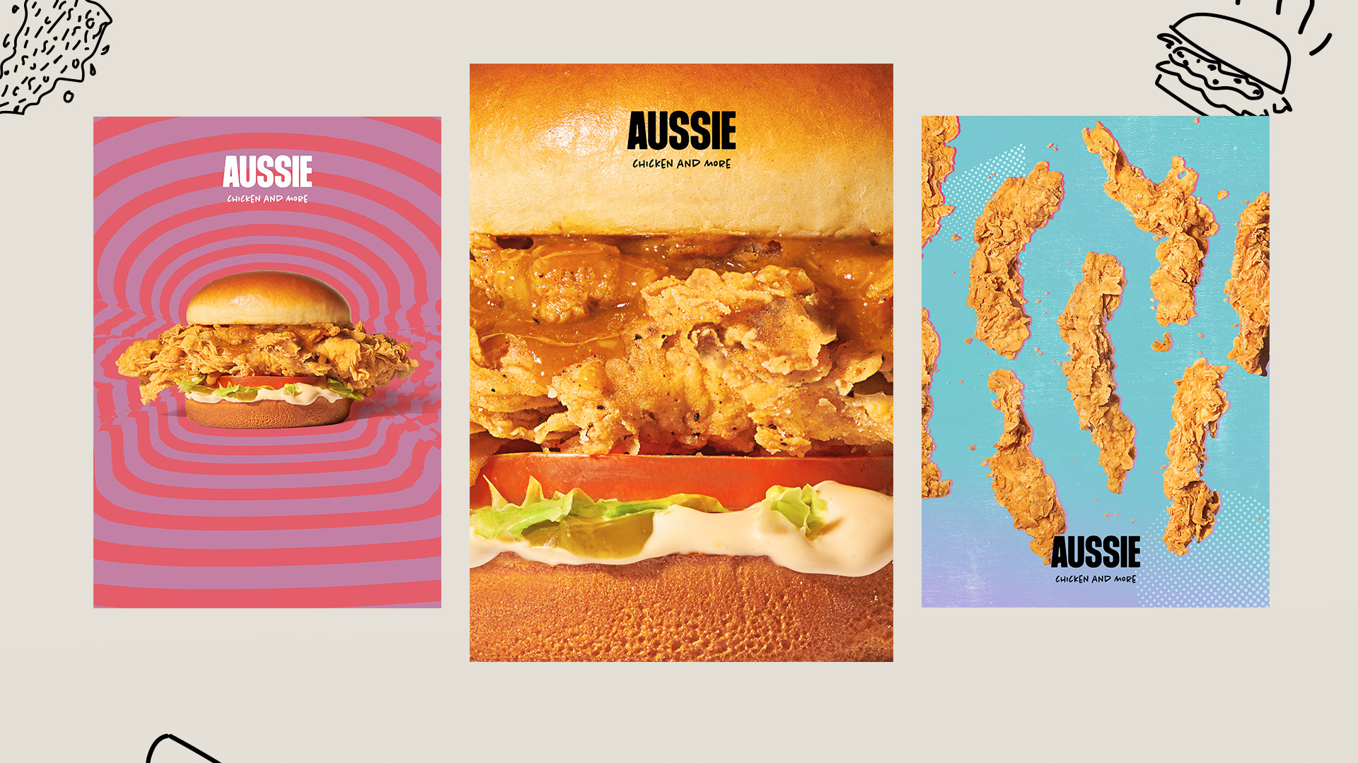 Colorful campaign posters featuring sandwiches and crispy chicken