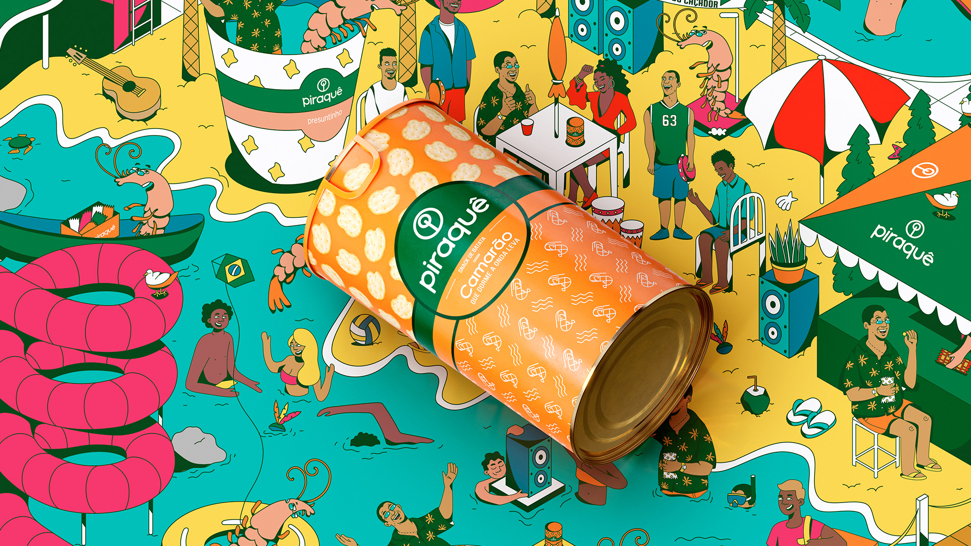 Piraquê shrimp-flavored snack packaging surrounded by colorful Brazilian illustrations