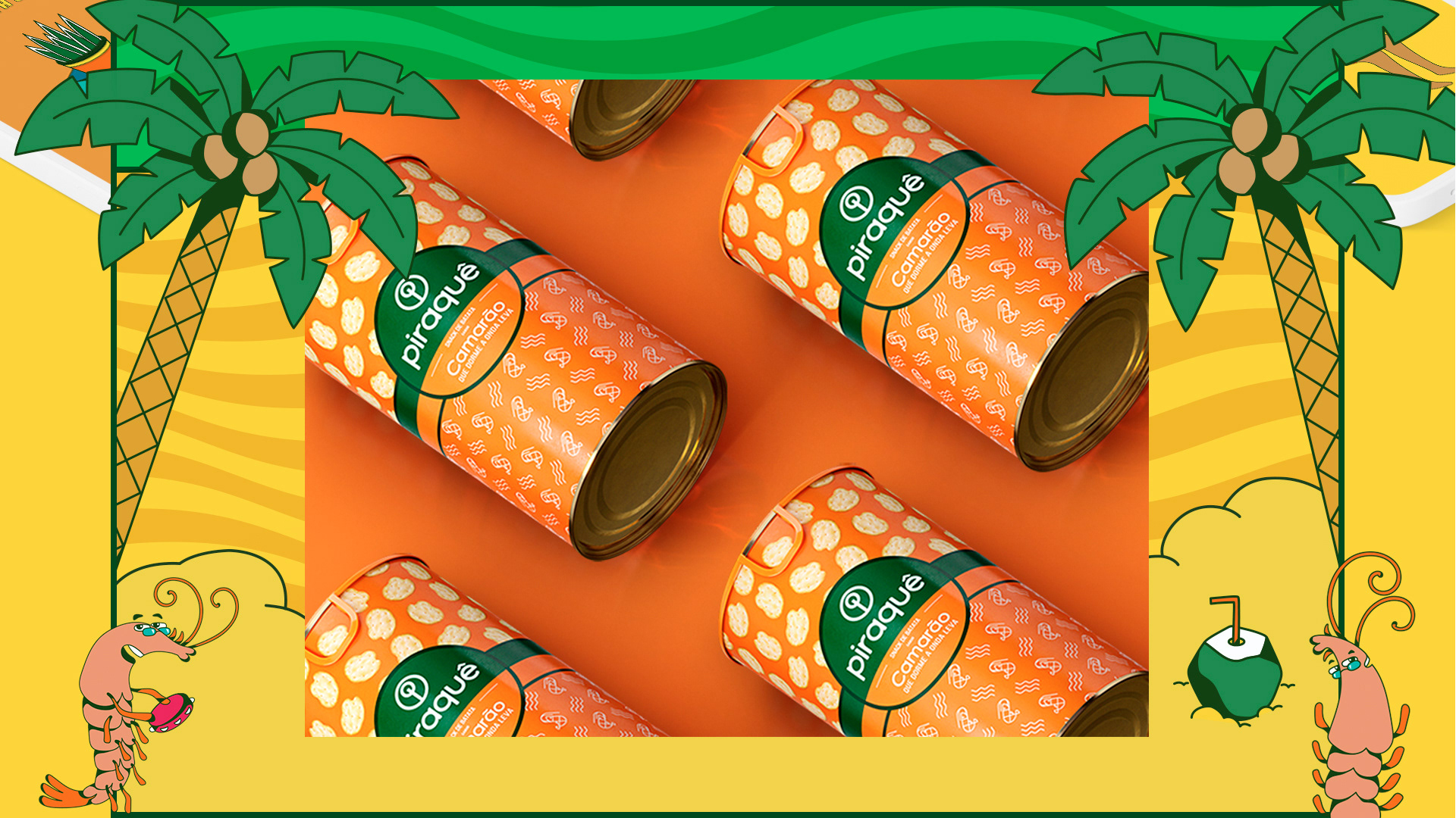Limited-edition Piraquê cans presented in an illustrated tropical setting
